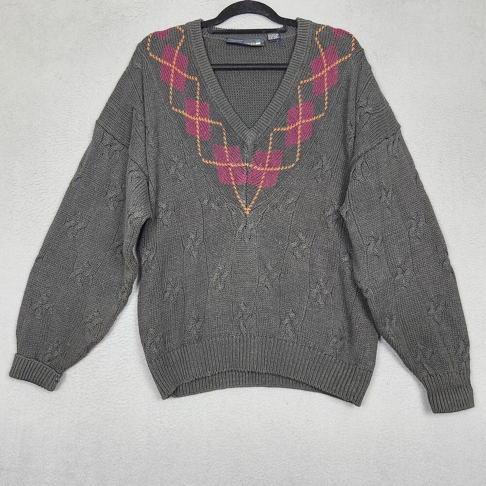 New River Sweater Womens Large Green Argyle V Neck Cable Knit Pullover Ramie